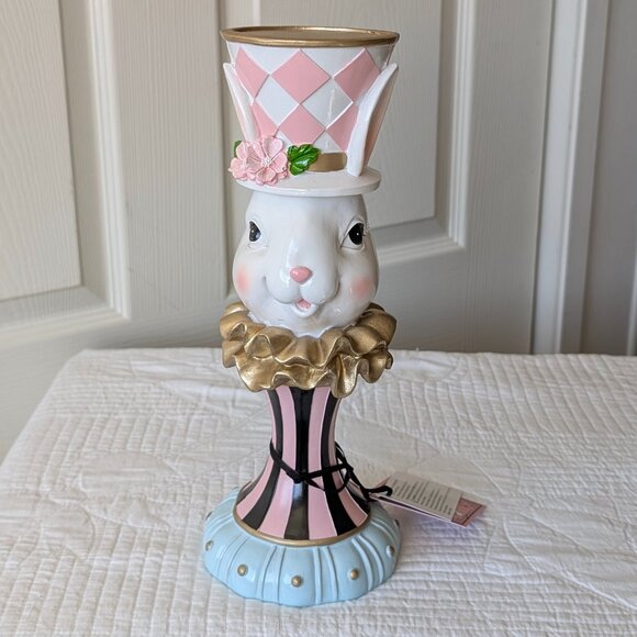 NEW-Tophat &Tails Mad Hatter Easter Bunny Pillar Candle Holder- Spring Decor 🐰 - Picture 9 of 9